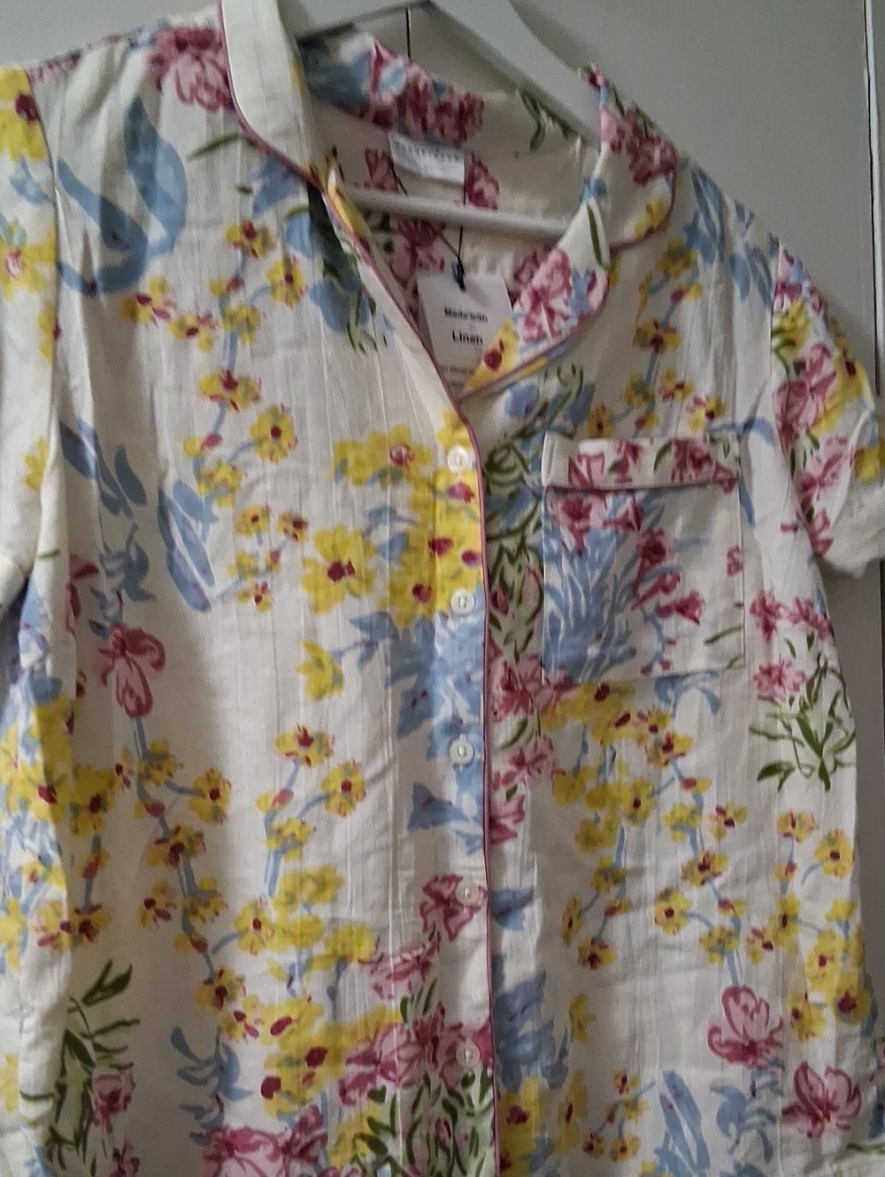 Floral Button-Up Short Sleeve Pajama Top - Yellow, Blue, Pink